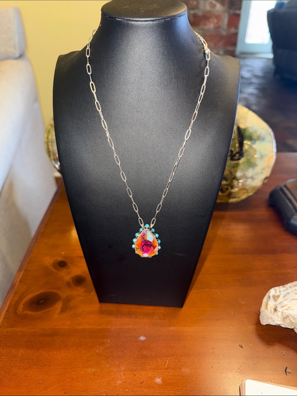Silver Chain Necklace with Iridescent Pink Teardrop Pendant